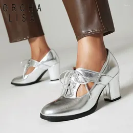 Dress Shoes ORCHA LISA Women Pumps Round Toe Chunky Heels 7.5cm Lace Up Large Size 48 49 50 Shallow Office Lady Daily Gold Silver
