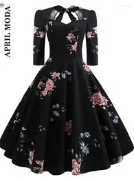 Casual Dresses 2023 Black Floral Printed Vintage Jurken Long Sleeve Hepburn Dress 1950s 60s 70s Rockabilly Swing Pinup Women Vestidos For