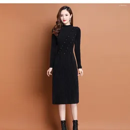 Casual Dresses 2023 Women Knitted Dress Long Sleeve Fashion O-neck Thick Knit Autumn Winter Elegant Chic Loose Solid L51
