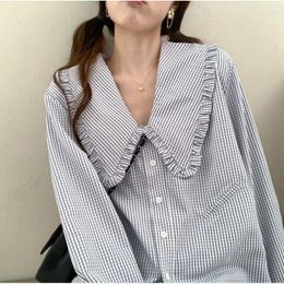 Women's Blouses Lapel Style Small Plaid Doll Shirt Fresh V-neck Design Loose Long-sleeved Blusas Mujer Femininas Elegantes