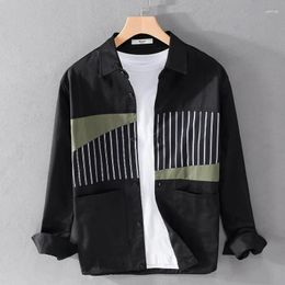 Men's Casual Shirts Spring Autumn Cotton Pocket Striped Patchwork Shirt Long Sleeve Loose For Men Turn-down Collar Clothing