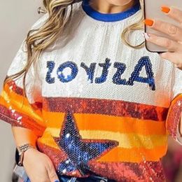 Women s Sweaters Autumn Patchwork Color Sequins Geometry Letter Streetwear Female Short Sleeve T Shirt Summer Hip Hop Night Club Tops 231201