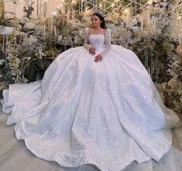 2024 Luxury Puffy Arabic Dubai Wedding Dress Square Neck Long Sleeves Crystal Beads Appliqued Lace Women Bridal Gowns Court Train New Vestido De Novia