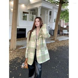 Women's Suits UNXX Green Plaid Suit Woollen Jacket Autumn And Winter 2023 High-end Sense Loose Mid-length Cool Long-sleeved Coat Top