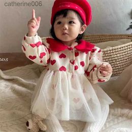 Clothing Sets 2023 Winter New Baby Girl Cute Heart Print Bodysuit Infant Long Sleeve Jumpsuit With Mesh Skirts Toddler Girl Christmas ClothesL231202