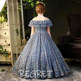 Girl Dresses 2023 Glitter Sequins Silver Flower Dress Tulle For Wedding Kids Birthday Ball Gown Elegant Princess