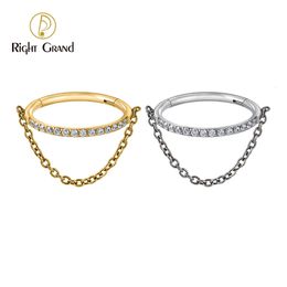 Nose Rings Studs Right Grand ASTM F136 16G CZ Hinged Segment Clicker Septum Nose Ring with Chain Cartilage Hoop Earring Helix Piercing 231201