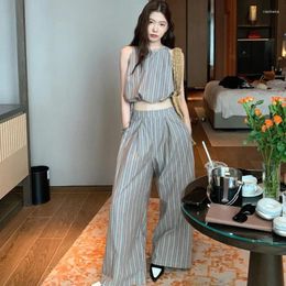 Women's Two Piece Pants Summer Vintage Striped 2 Set Halter Drawstring Crop Top With Elastic High Waist Wide Leg Trousers