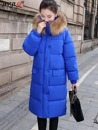 Women s Down Parkas Winter Basic Faux Fur Collar Hooded Midi Length Cotton Korean Fashion Thick Warm Jackets For Women 2023 Casual Coat 231202