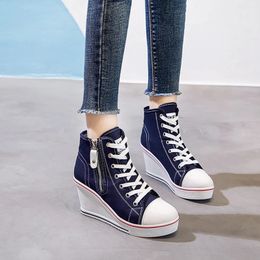 Dress Shoe Hidden Wedge Invisible Heel Canvas Shoes Female Side Zipper Increased Casual High Breathable Platform Sneakers 231201