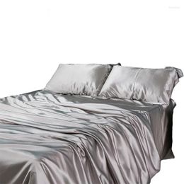 Bed Skirt Solid Colour Smooth Artificial Silk Satin Two Pillowcases One Flat Sheet Fitted Bedding Set
