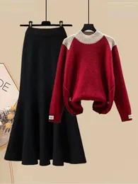 Work Dresses Autumn Winter Knitted Two Piece Sets For Womens Outfit High Quality Pullover Patchwork Sweater Mermaid Skirt 2023