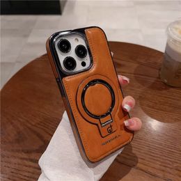 Magnetic Leather Plating Vogue Phone Case for iPhone 15 14 13 12 11 Pro Max Business Plating Ring Holder Car Mount Bracket Back Cover Supporting Wireless Charging