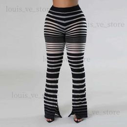 Women's Pants Capris Mesh Patchwork Knitted Casual Flare Pants Women Sexy High Waist Stretch Slim Streetwear Bottoms Fashion All Matching Trousers T231202