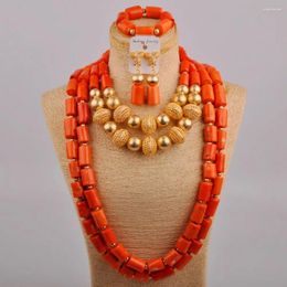 Necklace Earrings Set Classic Orange Coral Nigerian Bride Wedding Jewellery African Beads Dress Accessories AU-306