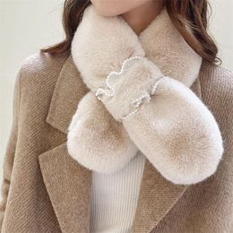 Scarves Korean Women Faux Fur Collar Pearl Lace Cross Plush Scarf Female Winter Double Sided Thick Neck Protection Warm Shawl T36