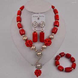Necklace Earrings Set Fashion Red Nigerian Coral Beads African Wedding Bridal 12-G-04