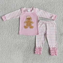 Pyjamas Wholesale Children Winter Baby Girls Clothes Sleepwear Set Kids Gingerbread Embroidery Pink Striped Pants Outfit Toddler Pyjamas 231202