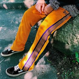 Men's Pants Simple AWGE Needles Pants Men Women 1 1 High Quality Velvet Sweatpants Casual Fashion Pocket Side Webbing Yellow AWGE Trousers 231201