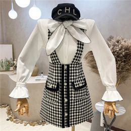 Basic Casual Dresses Fashion 2 Piece Set Overalls Dress Women Flare Sleeve Bow Collar Shirt TopDiamonds Button Houndstooth Tweed Woollen Sundress 231201