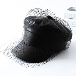 Berets Spring and summer black PU lace veil sboy caps Fmale Flat top Mesh letter multiple styles fashion hats 231202
