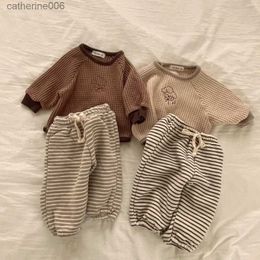 Clothing Sets MiniAinis Autumn Winter Spring New Baby Striped Pants Girls Casual Warm Pants Boys Plush And Thicken Trousers Kids ClothesL231202