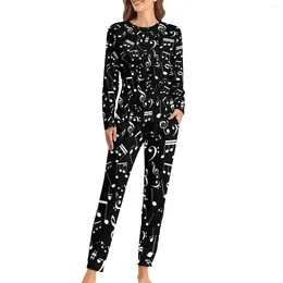 Women's Sleepwear Musical Notes Pajamas Black And White Lovely Pajama Sets Woman Long Sleeve Casual Home Suit Big Size