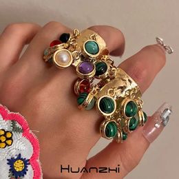 Wedding Rings Vintage Green Colourful Stone Pendant Metal for Women Girl Elegant Luxury Jewellery Gift HUANZHI 2023 INS 231202