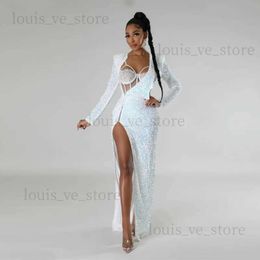 Urban Sexy Dresses 2 Piece Christmas Party Dress Women Sexy Spaghetti Strap Lace Bodysuits Sequins Long Sleeve High Split Bodycon Maxi Evening Gown T231202