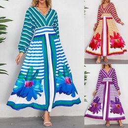 Casual Dresses Ladies Retro Slim Printed Long Sleeve V Neck Swing A Line Dress Maxi For Women