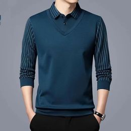 Men's Polos Business Casual Thin Slim Men Polo Shirt Spring Autumn Button Lapel Striped Long Sleeve Fashion Korean Clothing Tops 231202