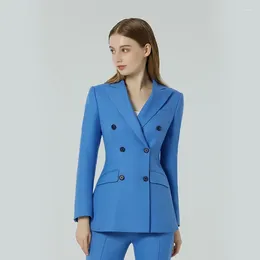 Women's Two Piece Pants Tesco Blue Suits Sets For Women 2 Office Pantsuits Double Breasted Blazer Jacket Slim Fit Uniform Female Pant