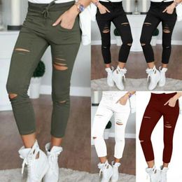 Women's Pants Fashion Women Sweatpants Skinny Ripped Long High Waist Stretch Jeans Elastic Drawstring Pencil Trousers