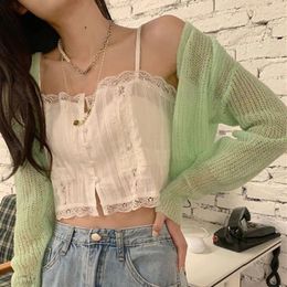 Women's Tanks Sexy Lace Patchwork Short For Women Korean Style Loose Button White Crop Tops Woman 2023 Summer Sweet Spaghetti Strap Vest