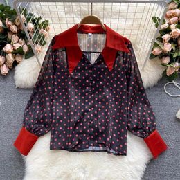 Women's Blouses Overlapping Neckline Design Sense Thin Transparent Polka Dot Shirt Blouse Women 2023 Fashion Elegant Long Sleeve Top