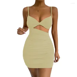 Casual Dresses 2023 Summer Spaghetti Strap For Women Sexy Low Cut Hollow Out Folds Slim Mini Dress Party Night Club Vestidos Ladies