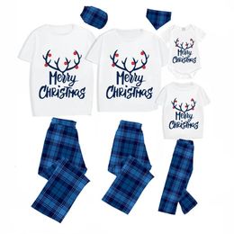 Family Matching Outfits Christmas Pajamas Merry Elk Antlers Blue Plaids Short Sleeve Set 231202