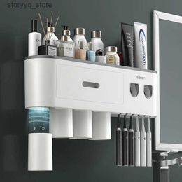 Toothbrush Holders TERUP Toothbrush Holder Double Automatic Toothpaste Dispenser Adsorption Inverted Cup Storage Rack Bathroom Accessories Q231202