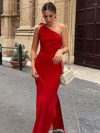 Casual Dresses Elegnat Evening Long Women Asymmetric Neck Tie Bow One Shoulder Red Dress Sleeveless Side Slit Sexy Night Party