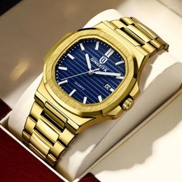Wristwatches QINGXIYA Gold Blue Quartz Watch For Men Stainless Steel Waterproof Luminous Calendar Fashion Square Dial Mens