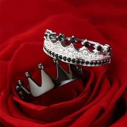 Wedding Rings Crown Couple Men Women's Fashion Black Silver Colour Engagement Ring Bridal Jewellery Set Lover's Gifts198B