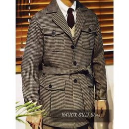 Men' Blends Thousand Bird Cheque Casual Fashion Business Hunting Jacket With Belt Single Breasted Slim Customised 231202