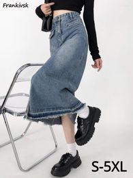 Skirts Women Leisure Pockets Denim Fashion Korean Style S-5XL Simple Solid Slit Autumn Student A-line Empire Clothes Midi Faldas