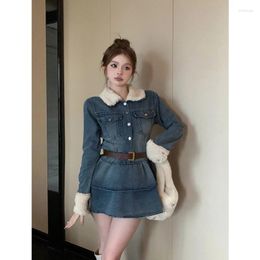 Casual Dresses Korean Sweet Girl Retro Patchwork Plush Denim Dress For Women Autumn/Winter Slim Fitting Lapel Long-sleeved A-line Short