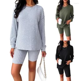 Women's Tracksuits Womens 2 Piece Ribbed Knit Outfit Set Casual Long Sleeve Oversized Sweater Top And Shorts Workout Sports Tracksuit N7YE