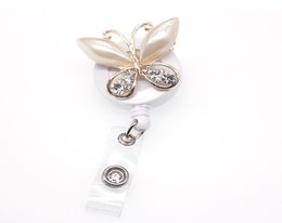 30pcslot Fashion Rhinestone pearl beautiful butterfly Retractable animal ID Badge Holder reel for giftparty6396206