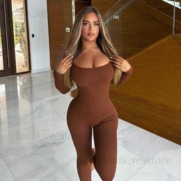 Women's Jumpsuits Rompers Women Solid Ribbed Jumpsuit Fashion Sexy U Neck Lace Up Backless Long Sleeve Slim Fitness One Piece Overalls Casual Rompers T231202