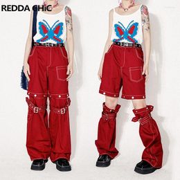 Women's Jeans ReddaChic Hip-hop Women Red Cargo Pants 2-In-1 Detachable Baggy Y2k Wide Leg Jorts Trousers 90s Retro Skater Streetwear