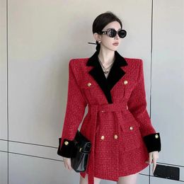 Women's Suits 2023Autumn Tweed Jacket Winter Korean Fashion Suit Collar Slim Woollen Female Coat Mid Long Warm Ladies Overcoat Tops