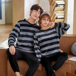 Men's Sleepwear Winter Warm Flannel Couple Pyjamas Sets Stripe Men Sleepwear Leisure Plus Size Long Sle Women Homewear Pijama jer DropshipL231202